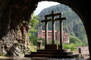 Covadonga Sanctuary seen from the Santa Cueva, part of a luxury train tour in Northern Spain.